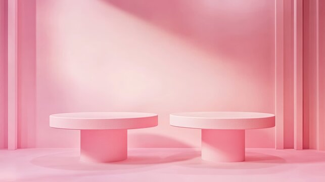 Pink product display with two platforms against a pink background