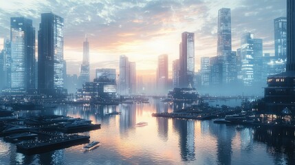 Obraz premium Modern Cityscape at Dusk with Reflections on Calm Water Surface