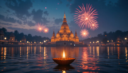 Fototapeta premium Karthigai Deepam, Festive Diwali Lights Temple Fireworks Water Reflection, Ai generated images