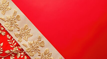 A clean flat lay of a festive red table runner with gold embroidery, set on a light surface with room for text.