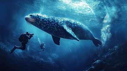 Fototapeta premium Divers photograph a large leopard seal underwater