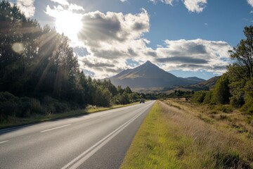 Naklejka premium Sunlit highway road trip with mountain landscape.