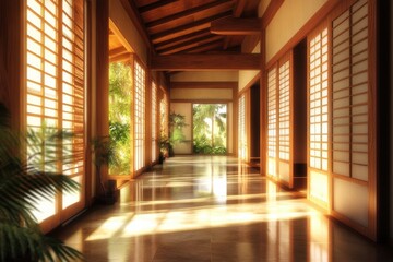 Fototapeta premium Peaceful Japanese hallway scene, featuring tatami floors, wooden beams, and natural light streaming through shoji doors