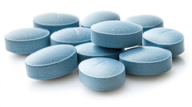 Generic blue naproxen capsules on white background