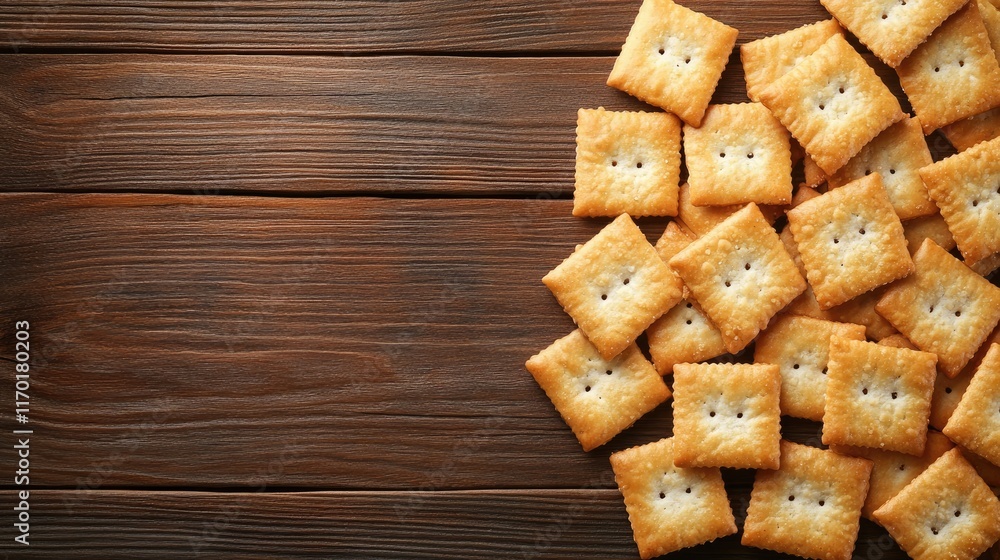 Poster a clean image of salty crackers arranged in a neat pile on a wooden table with copy space.