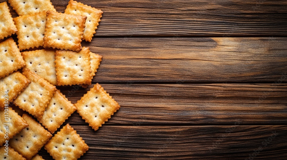 Poster a clean image of salty crackers arranged in a neat pile on a wooden table with copy space.