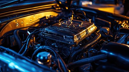 Fototapeta premium Detailed Close-Up of Modern Car Engine in Dramatic Lighting