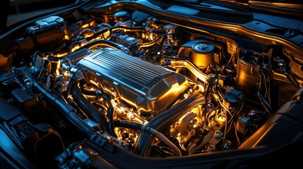 Fototapeta premium Detailed Close-Up of High-Performance Engine with Dramatic Lighting