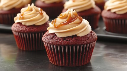 Red velvet muffins with sweet and caramel frosting