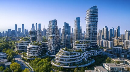 Obraz premium Modern Urban Landscape with Innovative Architecture and Green Spaces