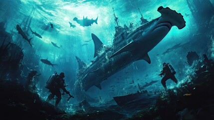 Hammerhead Shark Submarine Underwater Divers Scene