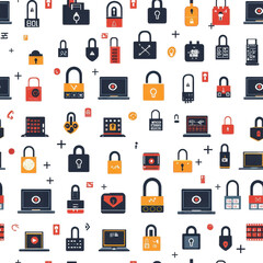 Flat style seamless pattern of hacker icons, isolated on white background, including laptops, locks, and binary code  cutout png