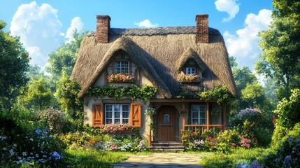 Charming Cottage Surrounded by Lush Garden and Vibrant Flowers