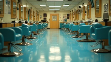 Brightly colored barbershop interior with styling chairs.