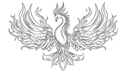 Fototapeta premium Elegant Line Art Phoenix Design Mythical Bird Illustration Tattoo Style Wings Outspread