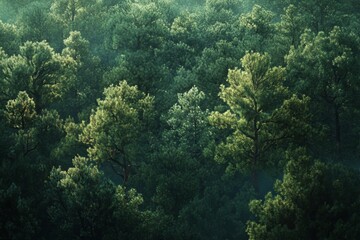 Obraz premium Misty green forest canopy aerial view.