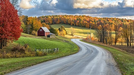 Fototapeta premium Scenic Autumn Roadway with Red Barn and Colorful Foliage in Background