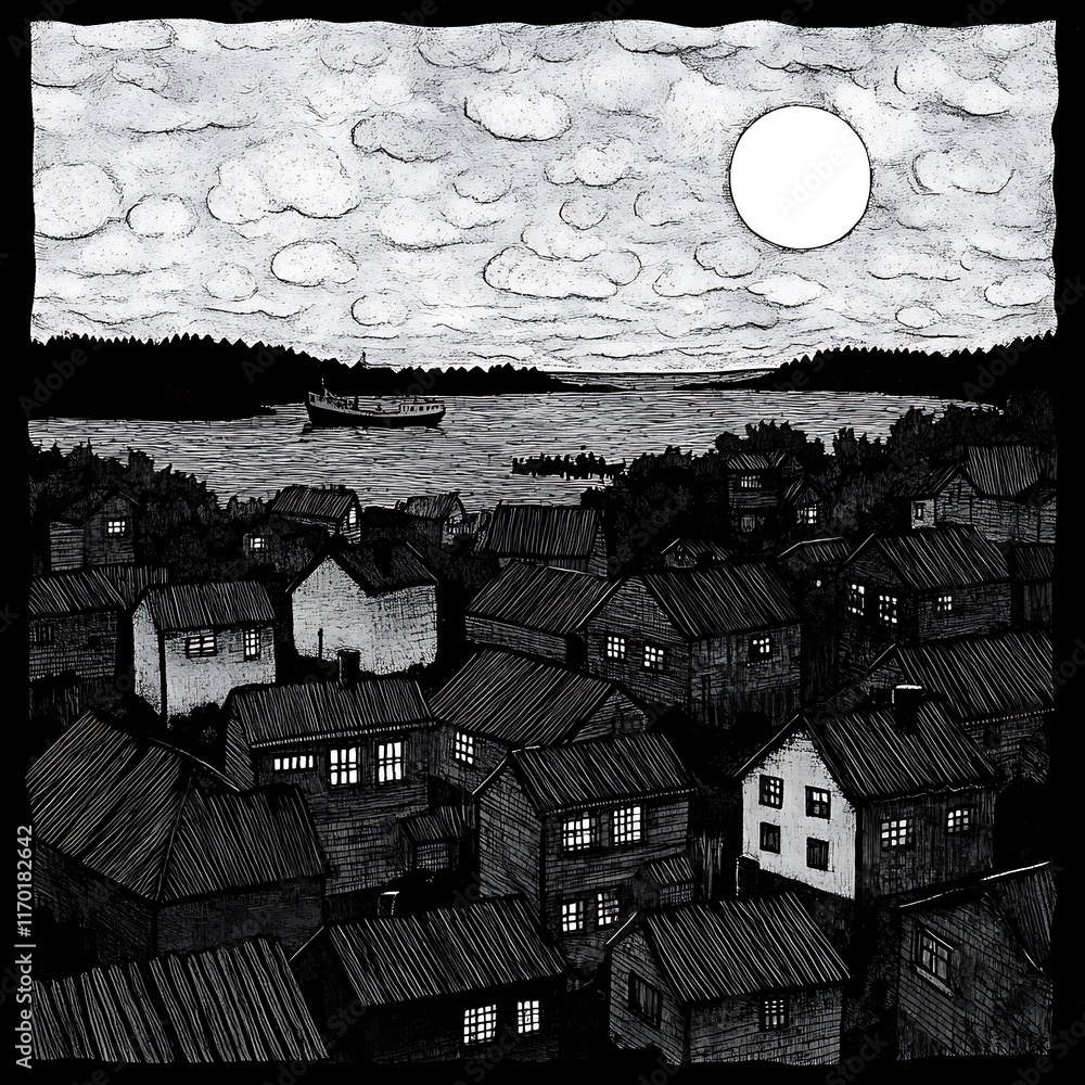 Wall mural Monochromatic illustration of a coastal town at night under a full moon.