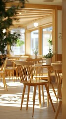 Fototapeta premium Bright and Airy Cafe Interior with Wooden Furniture and Plants