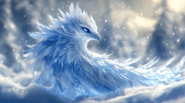 Majestic ice phoenix in snowy landscape.
