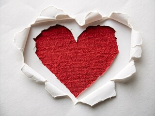 torn white paper revealing a heart-shaped cutout filled with red textured fabric underneath. 