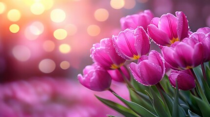 Obraz premium Vibrant Purple Tulips with Dew Drops Glimmering in Soft Morning Light Against a Colorful Bokeh Background Showcasing Natural Beauty and Freshness of Spring