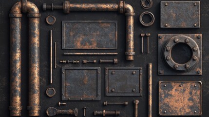 Dark and rusty industrial design elements Various isolated parts of metal pipes screws and plates
