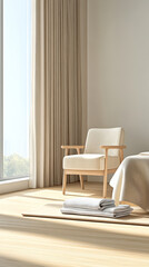 Bright and minimalistic interior showcasing a cozy chair and soft linens in natural light