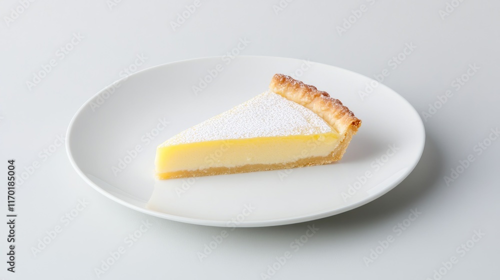 Poster a pristine white plate with a slice of lemon tart, isolated on a clean background with ample space.