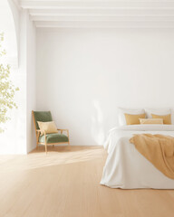 Bright and airy bedroom with minimalistic decor and a cozy armchair perfect for relaxation