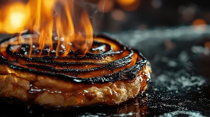 Delicious Cinnamon Roll with Flames and Glossy Caramel Drizzle
