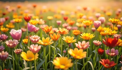 Fototapeta premium A Close-up View Of Vibrant Yellow Daisies Blooming, A Lush Garden Bed Filled With Vibrant Daisy Flower
