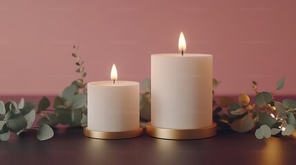 two white candles with golden holders are arranged at the bottom of a solid pastel black background. Sprigs of eucalyptus surround the candles, adding a natural element.