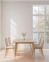 Modern dining room with minimalist decor and natural light from large windows