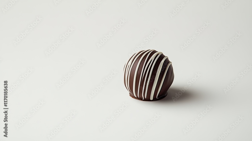 Poster a single chocolate truffle placed on a clean white background with generous negative space.