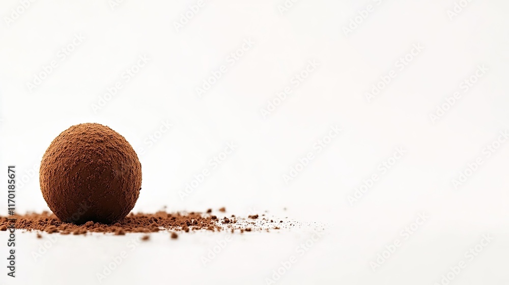 Poster a single chocolate truffle placed on a clean white background with generous negative space.
