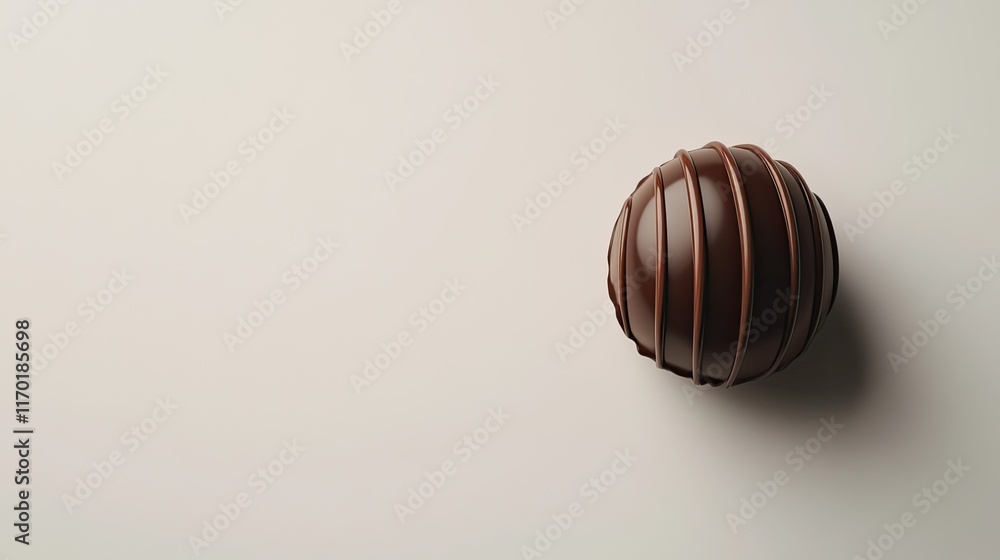 Poster a single chocolate truffle placed on a clean white background with generous negative space.