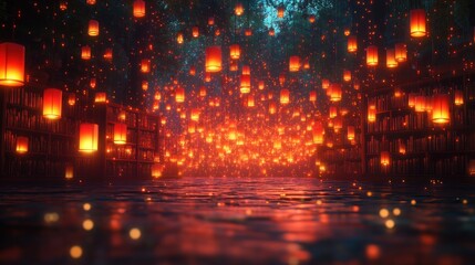 Obraz premium Enchanting night scene with numerous floating lanterns illuminating a path between bookcases reflected in water.