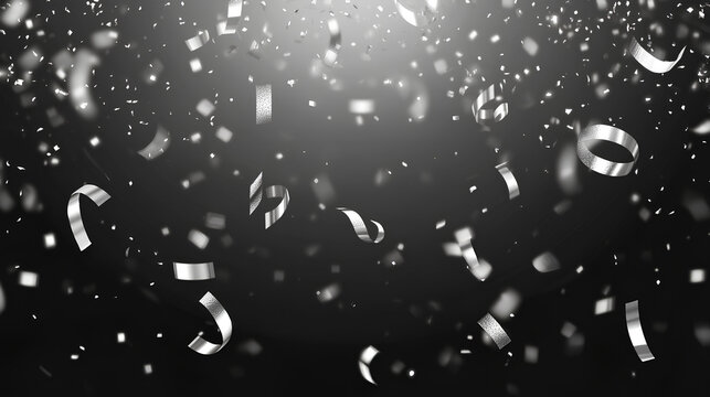 Realistic silver falling confetti and streamers on white background, decorative seamless pattern 