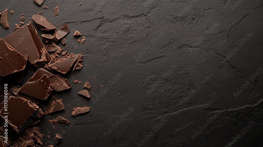 Poster a smooth chocolate bar broken into pieces on a textured black slate surface, with empty space for te