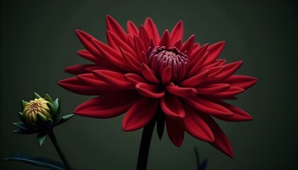A Vibrant Red Dahlia In Full Bloom, A Solitary Red Dahlia Standing Tall, An Artistic Marco  Shot Of A Red Dahlia Bloom