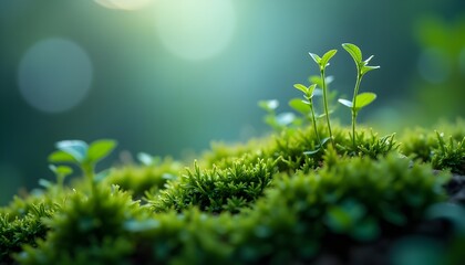 Obraz premium A Marco View of a Lush Moss-Covered Surface With Dew Drops, 