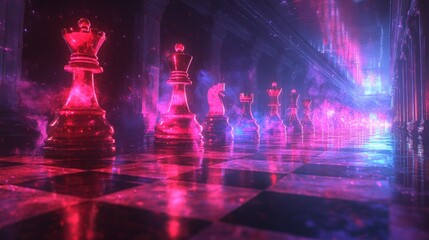 Fototapeta premium Glowing chess pieces on a board in a mystical hall.