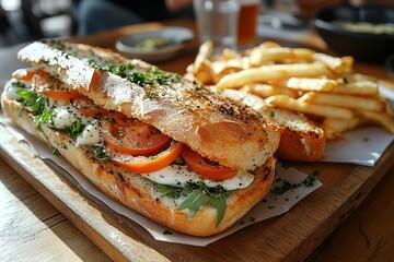 Delicious toasted sandwich with fresh tomatoes and mozzarella, served with a side of golden fries.