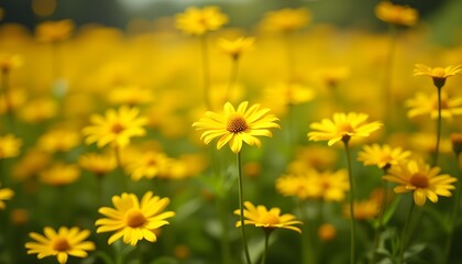 Obraz premium A Close-up View Of Vibrant Yellow Daisies Blooming, A Lush Garden Bed Filled With Vibrant Daisy Flower