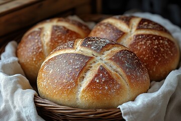 Artisan loaves of crusty bread, freshly baked and ready to enjoy. Golden-brown crusts and a rustic charm.