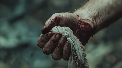 Bloodied Hand Holding a Dirty Cloth in Dark Forest Environment