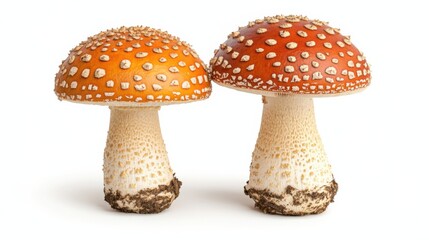 Obraz premium Vibrant Red and Orange Mushrooms with White Spikes on Cap Against a White Background in Studio Setting for Nature and Fungi Enthusiasts