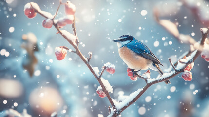 A Eurasian Nuthatch perches on a branch with red berries covered in snow during a winter snowfall.