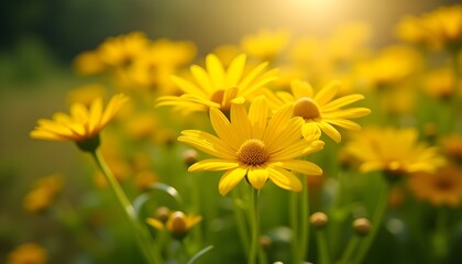 A Close-up View Of Vibrant Yellow Daisies Blooming, A Lush Garden Bed Filled With Vibrant Daisy Flower